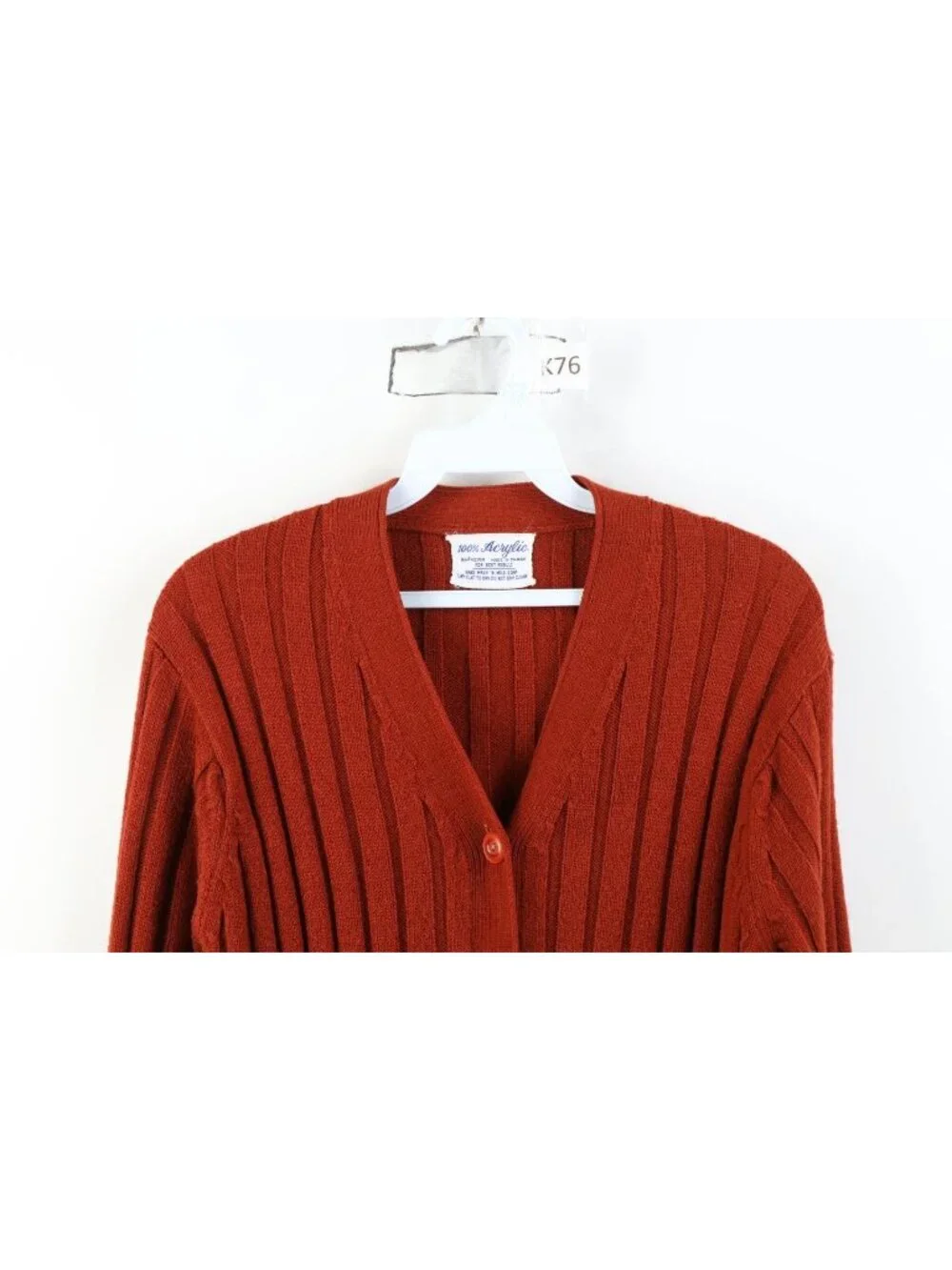 Vintage 70s Streetwear Womens Medium Blank Ribbed Knit Cardigan Sweater Orange